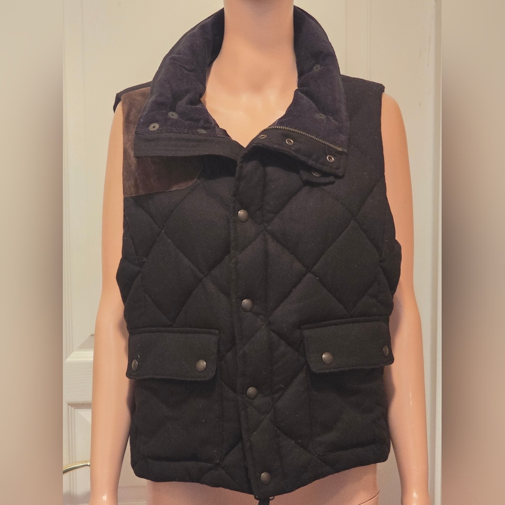 Women's Ralph Lauren Rugby Quilted Down Black Vest With Suede Patch